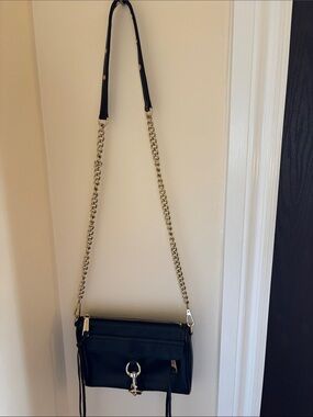 Black Leather Crossbody Bag with Gold Chain Strap